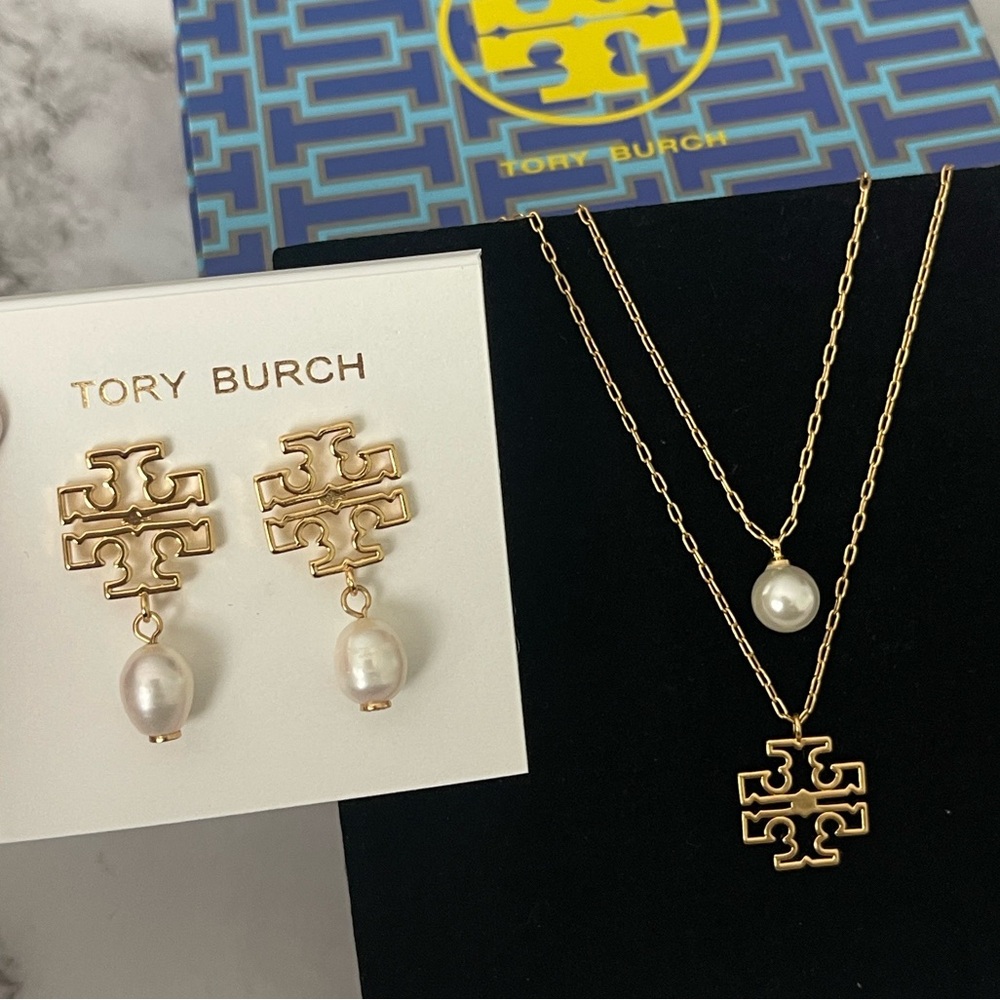 $298 New, Authentic Tory Burch Britten Earrings And Double Layered Necklace Set
